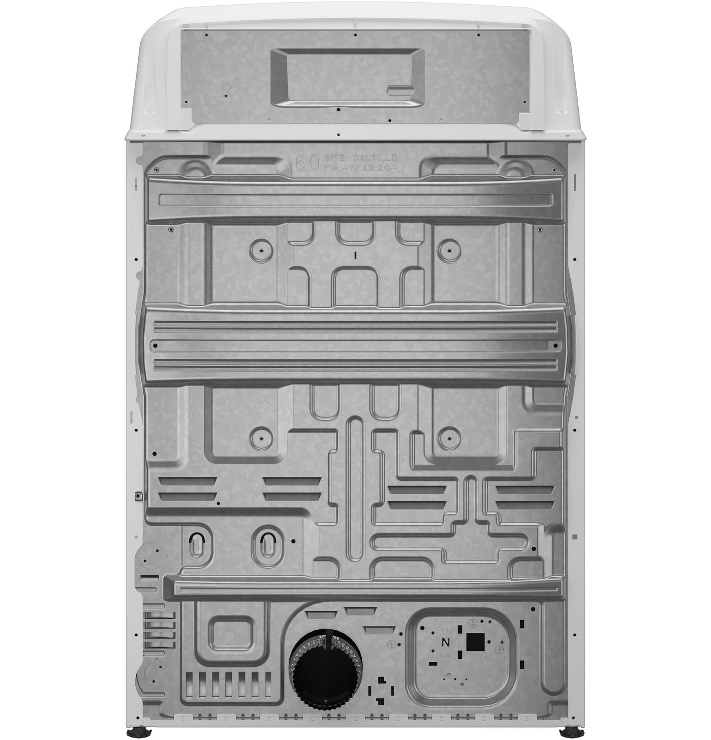 Rear metal panel of electric dryer showing venting and structural support design for home appliance installation