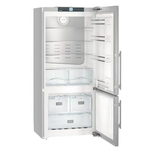 Open two-door fridge-freezer with stainless steel exterior and adjustable interior compartments in Appliances at Hartville Hardware