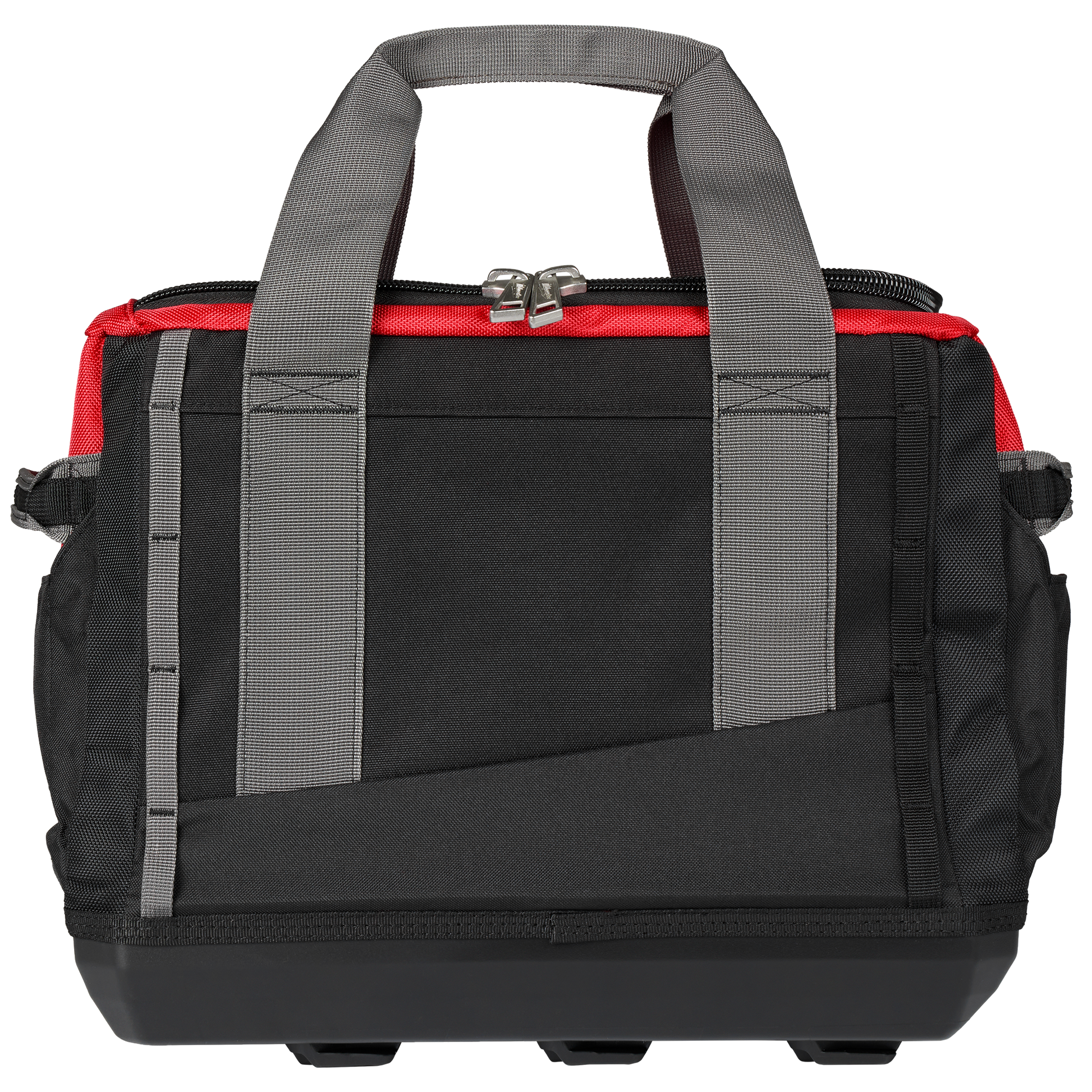 Compact black and red Milwaukee tool bag with gray handles and durable base for tools and home improvement use