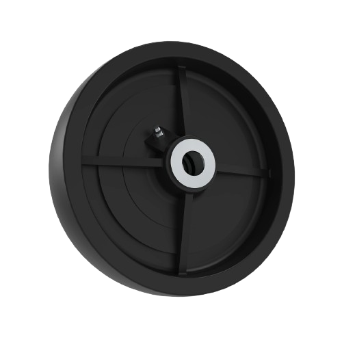 Black plastic mower deck caster wheel with metal bearing and four-spoke support for lawn equipment maintenance
