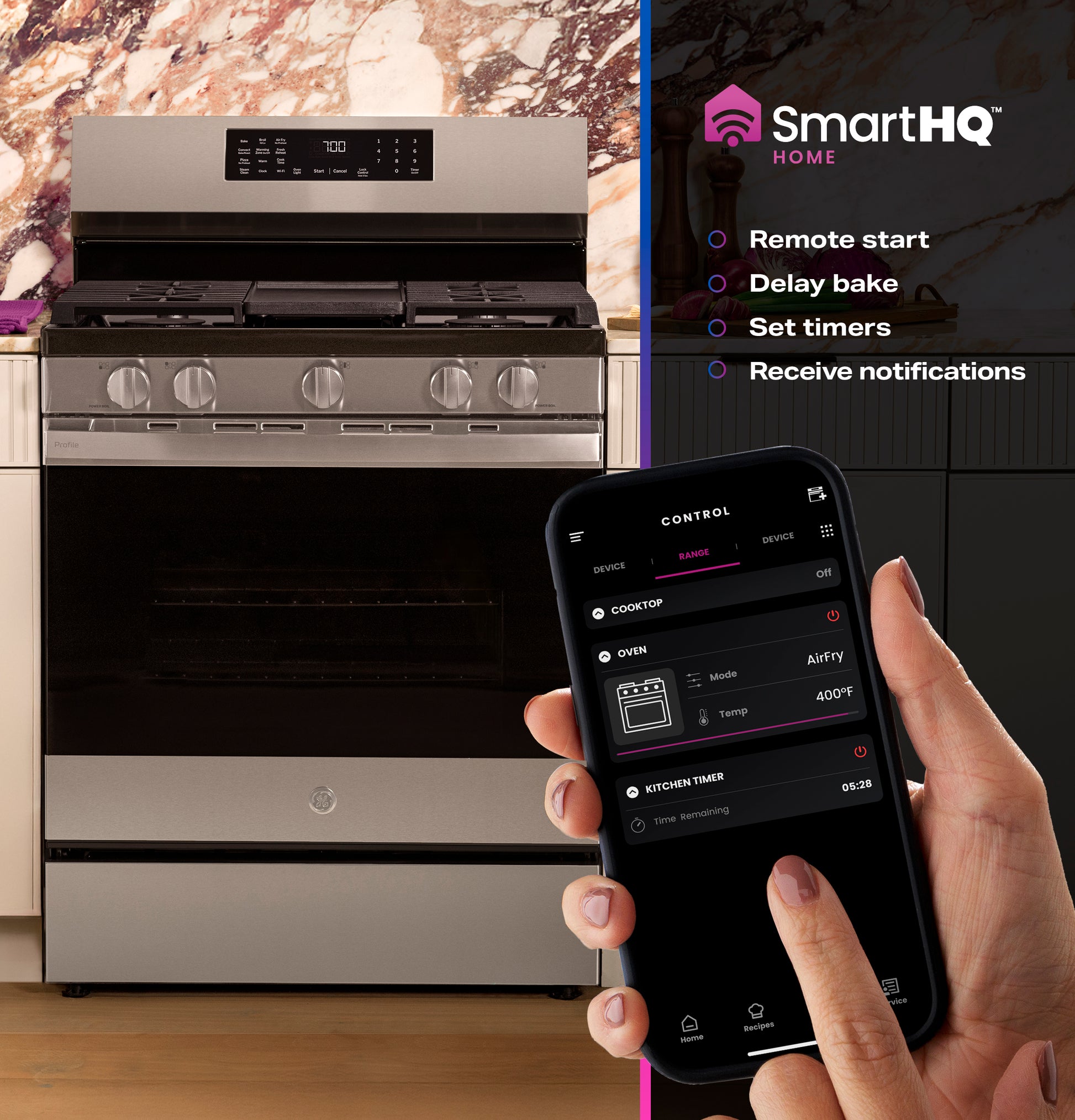 Free-standing stainless steel gas range with digital display and smartphone app controlling air fry and timers remotely