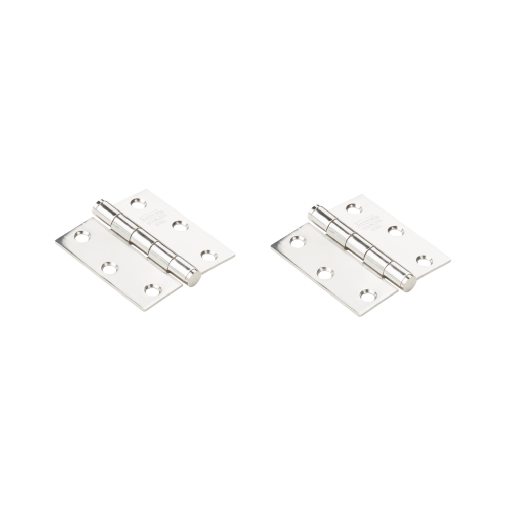 Two square stainless steel door hinges with finished surface and multiple mounting holes for home improvement projects under $50