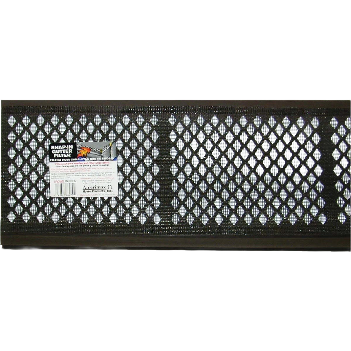 Brown vinyl gutter guard with diamond-shaped mesh filter for protecting gutters from debris and leaves