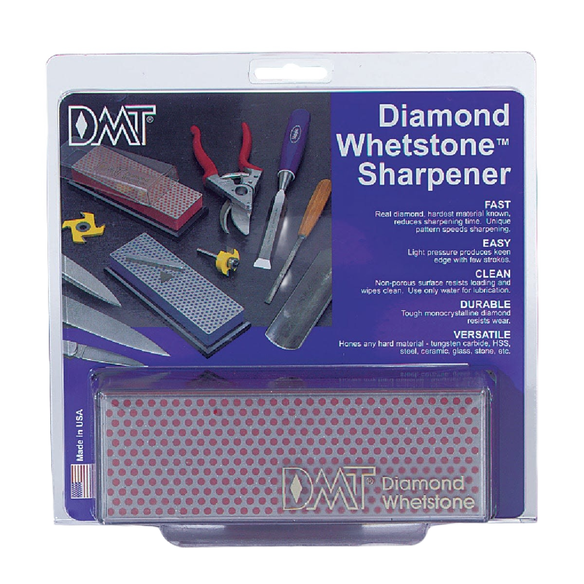 Packaging of a diamond sharpening stone with descriptions highlighting fast, easy, clean, durable, and versatile features for home improvement tools