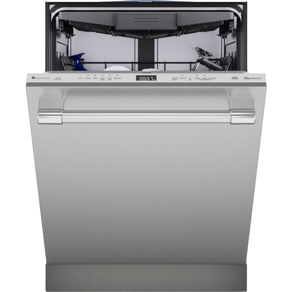 Open professional stainless steel dishwasher with visible control panel and partially loaded interior rack from Dishwashers collection
