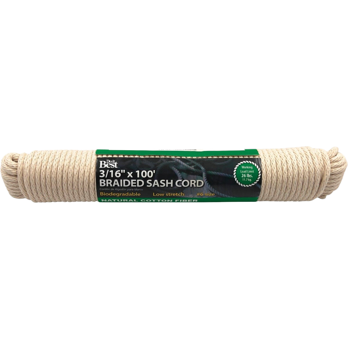 White solid braided cotton sash cord coil with product label for tools and home improvement use