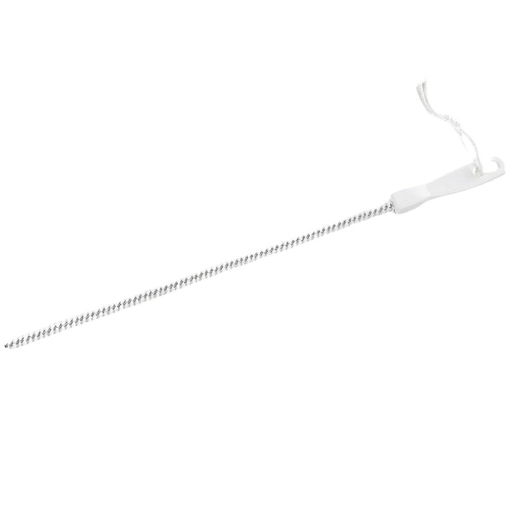 Slim white cleaning brush with twisted bristles and hanging loop for hair and sink overflow maintenance tools