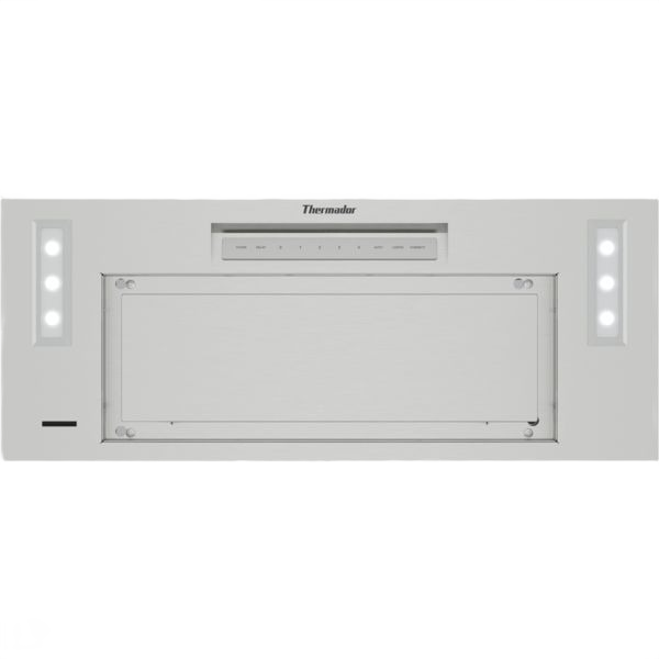 Stainless steel insert hood with built-in lights and control panel from Thermador range hoods collection