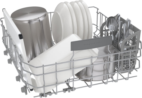 Lower dishwasher rack loaded with dishes, cups, and cutlery in a Bosch brushed black steel appliance from dishwashers collection