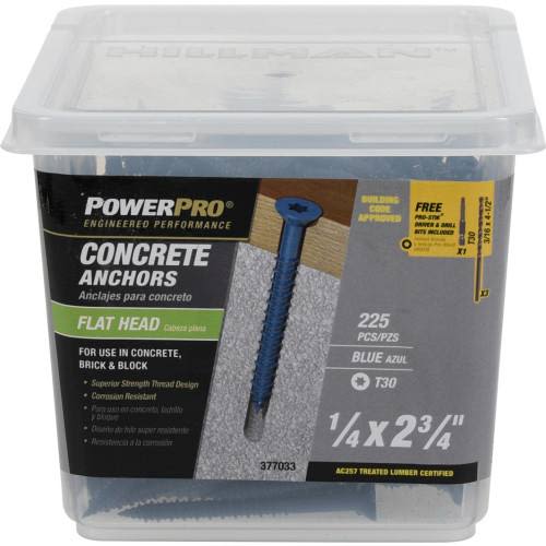 Container of blue flat-head concrete screw anchors with 225 pieces for hardware and building materials collections under 100 dollars
