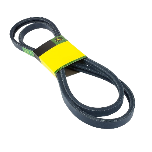 Black V-belt with yellow and black branded sleeve for machinery maintenance and home improvement projects