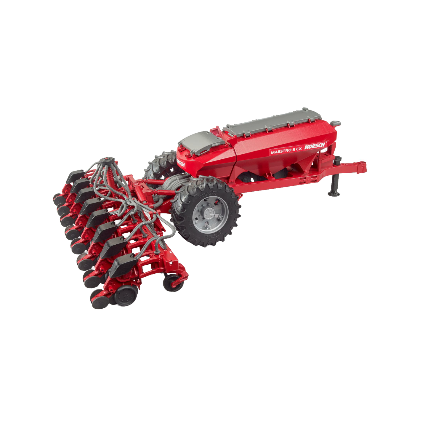 Red detailed farming seeder toy with multiple planting units and large tires from Bruder Toys collection under $100