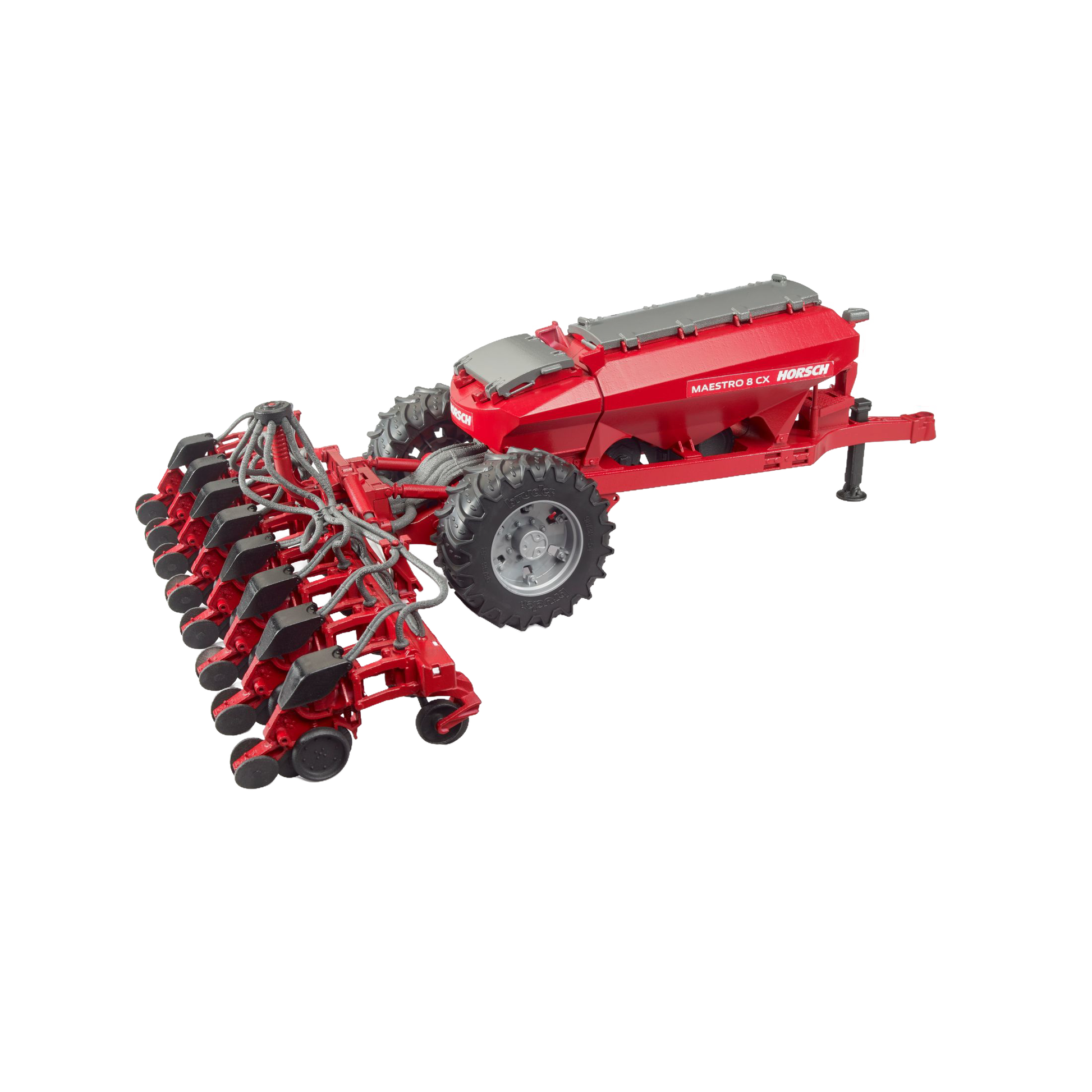 Red detailed farming seeder toy with multiple planting units and large tires from Bruder Toys collection under $100