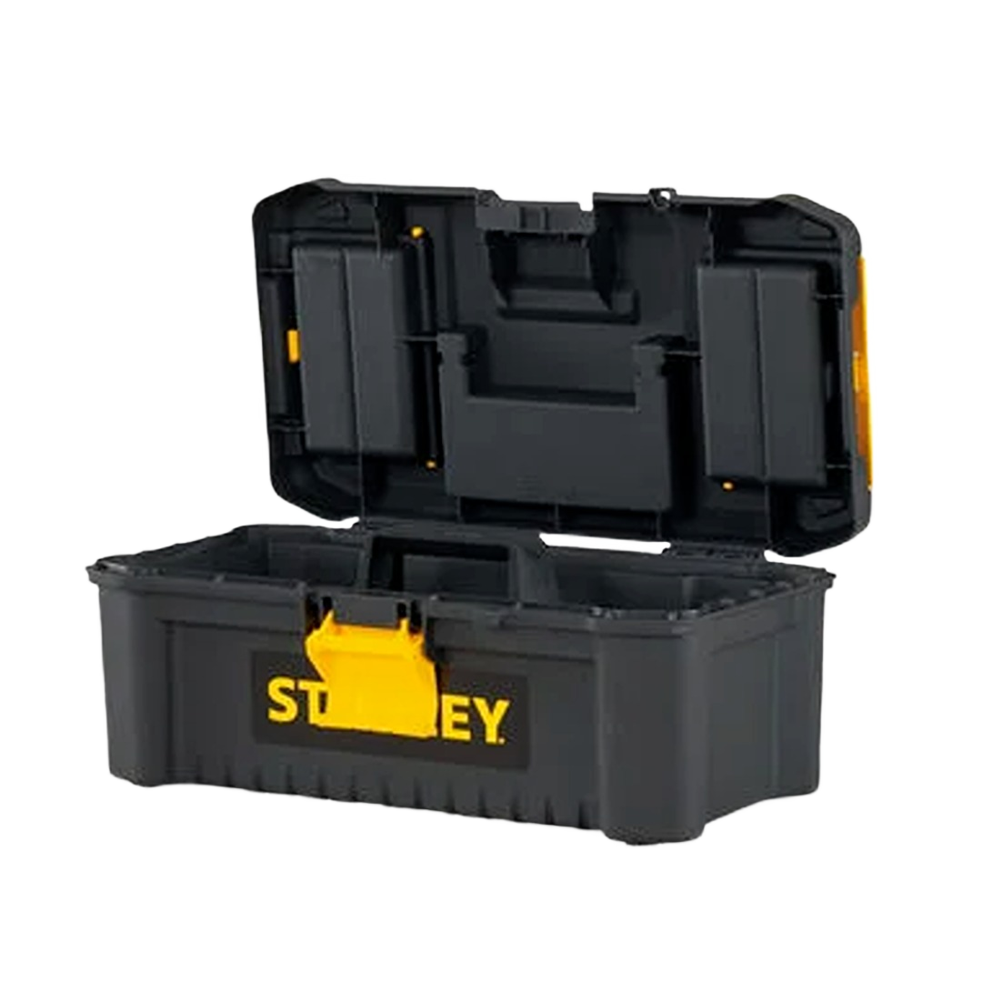 Black plastic toolbox with yellow latch and compartments, designed for organizing tools and home improvement supplies