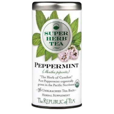 Tall white tin of peppermint herbal tea with green leaves illustration and organic certification under $50 beverage option