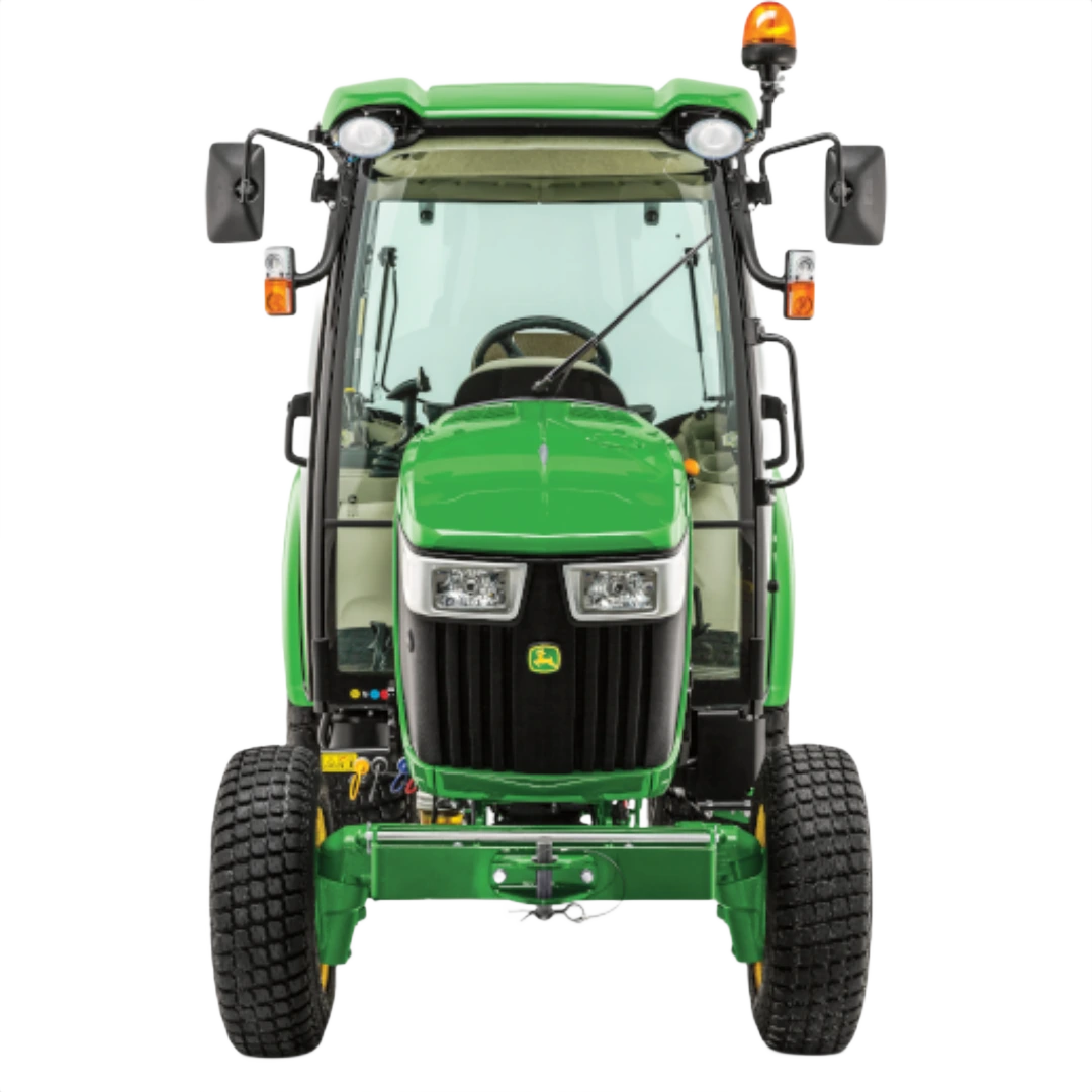 Front view of a green John Deere 3039R compact tractor with ComfortGard cab, rugged tires, and safety lights, featured in Outdoor Power Equipment at Hartville Hardware.