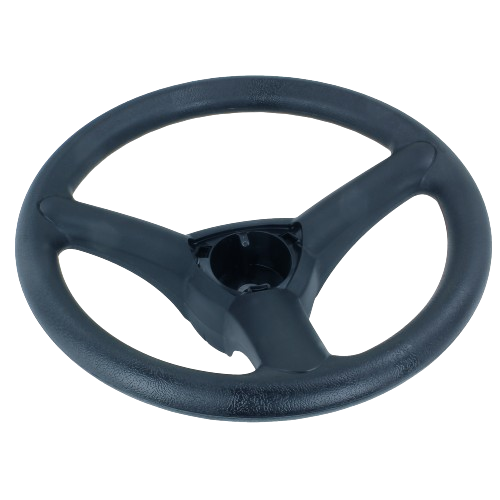 Black steering wheel with integrated hub designed for durable use in outdoor equipment and machinery replacement