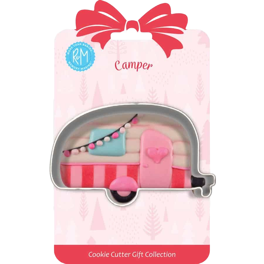 Tinplated steel camper-shaped cookie cutter on festive packaging from Kitchen Gadgets & Bakeware collection under $25