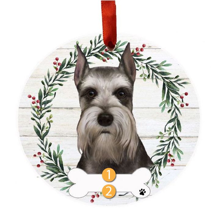 Round Christmas ornament with a festive wreath and a detailed Schnauzer face for holiday tree decorations under $50 collection