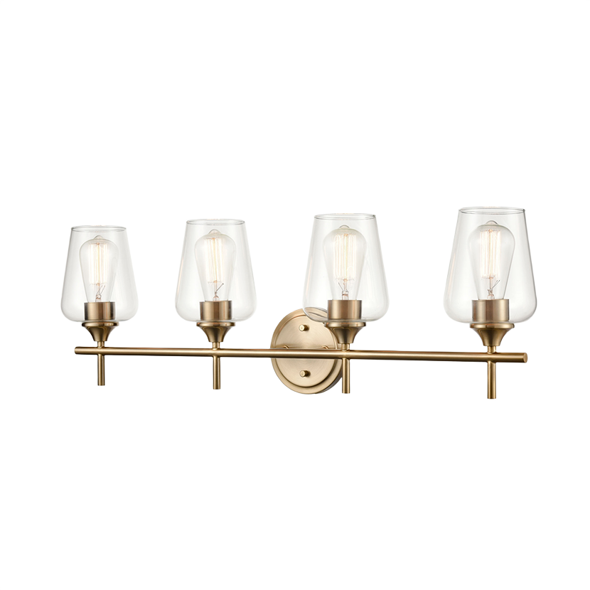 Gold finished four-light vanity wall fixture with clear glass shades in bathroom lighting collection