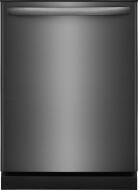 Front view of black built-in dishwasher with curved handle for modern kitchen and home improvement use