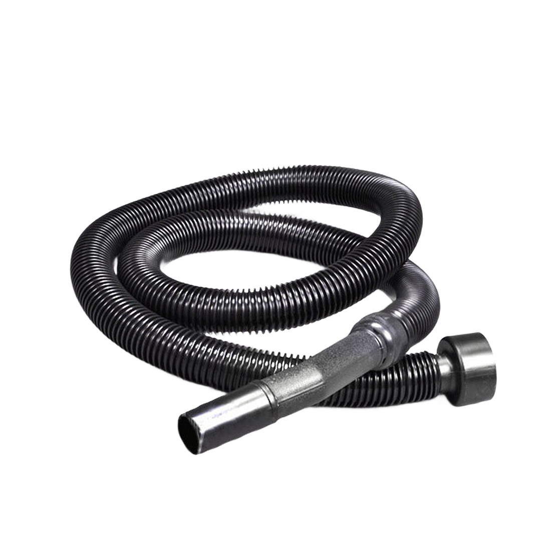 Black flexible vacuum hose with metal coupling and end for dust collection and woodworking tools under $50