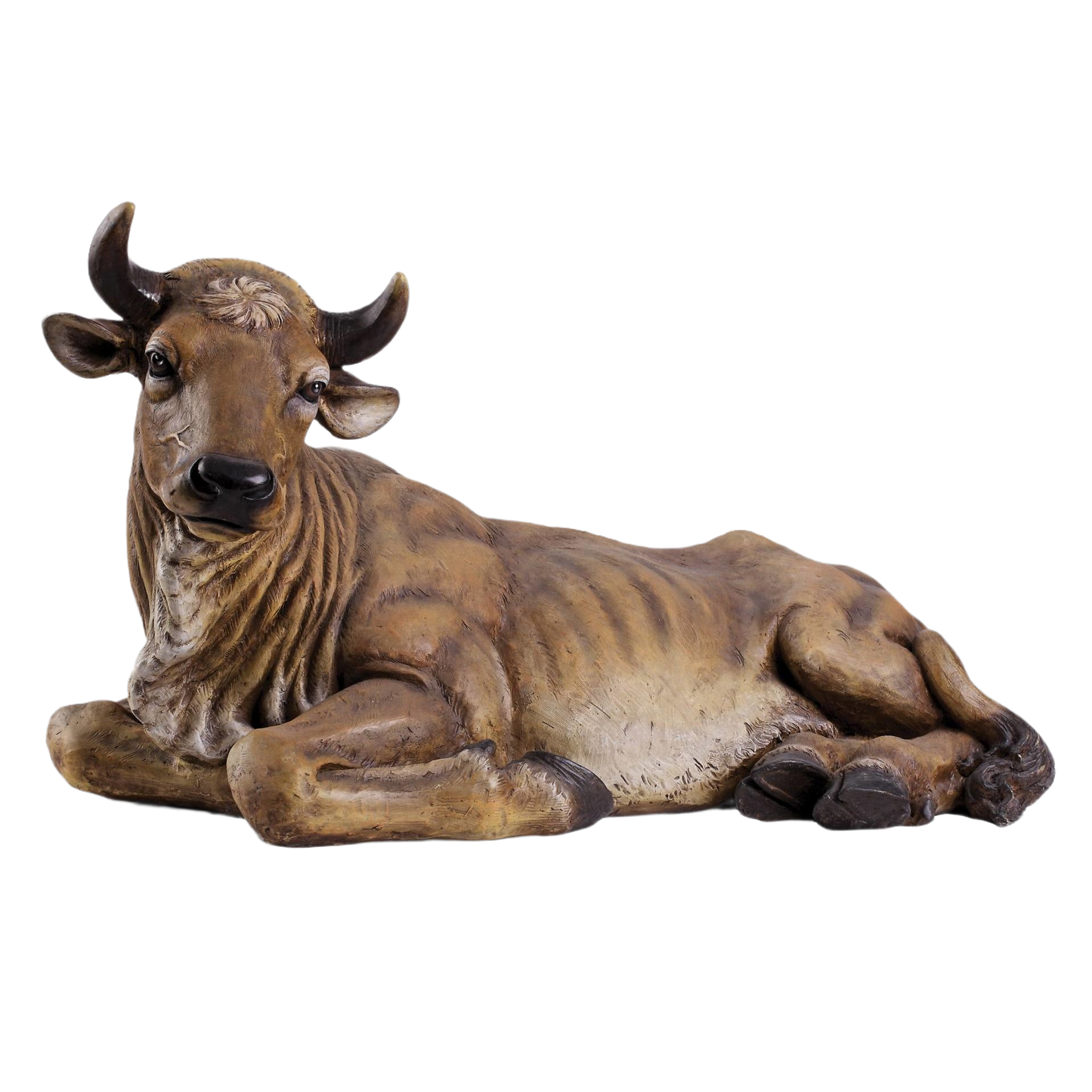 Lifelike Roman-style ox statue with detailed texture, perfect for Christmas nativity scenes and home holiday decor.