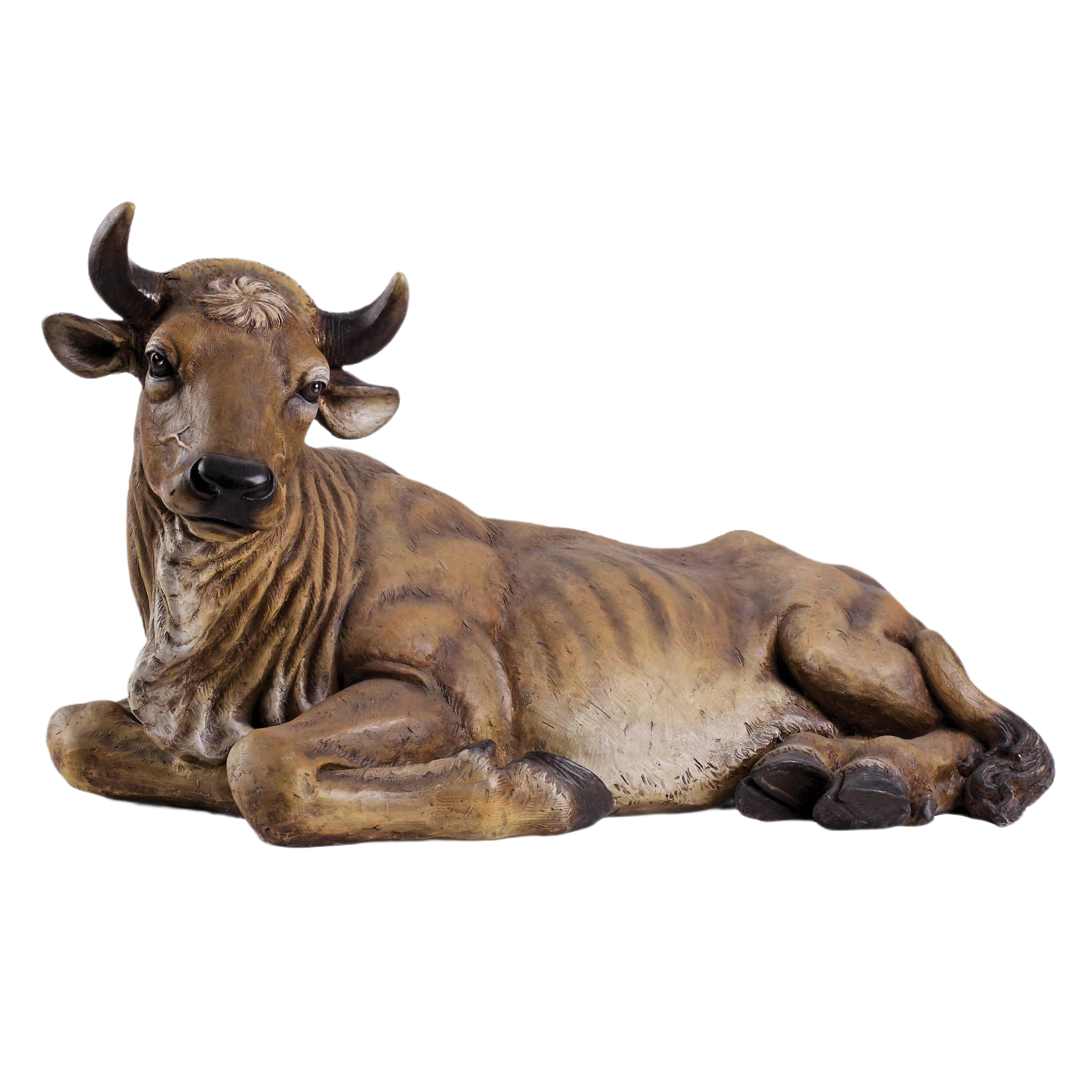 Lifelike Roman-style ox statue with detailed texture, perfect for Christmas nativity scenes and home holiday decor.