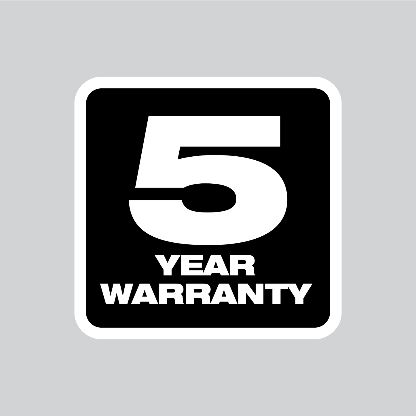 Bold white text stating 5 year warranty on black background with white rounded border for tools and home improvement