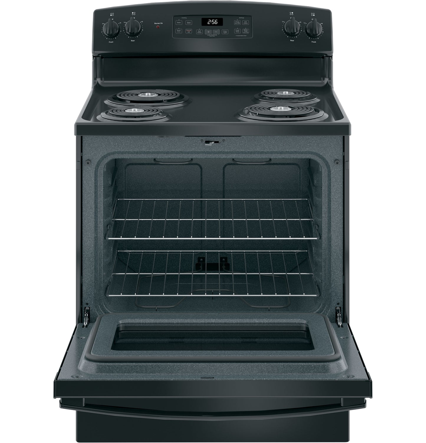 Black free-standing electric range with open oven door, four coil burners, and digital control panel in kitchen appliances collection