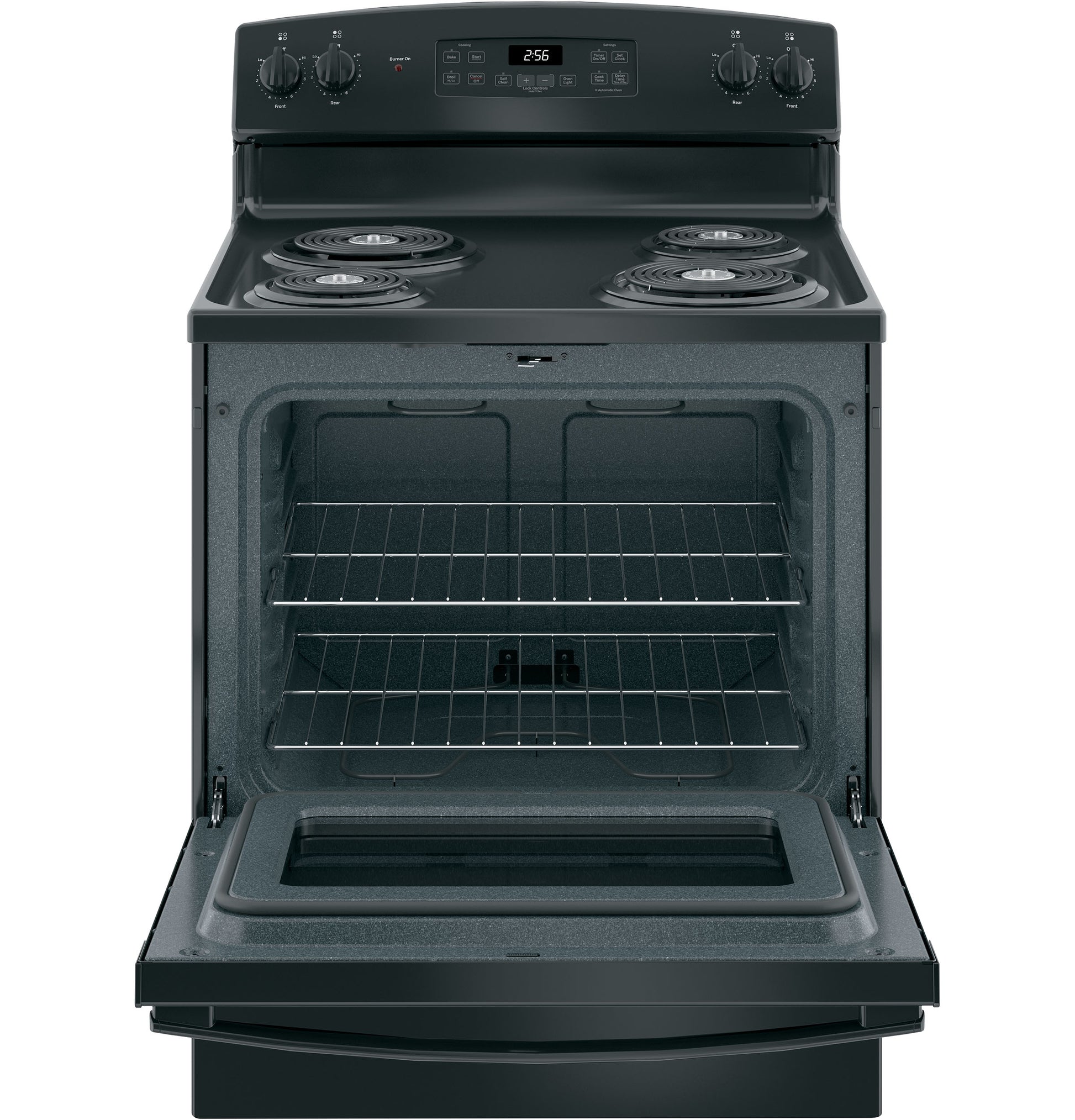 Black free-standing electric range with open oven door, four coil burners, and digital control panel in kitchen appliances collection