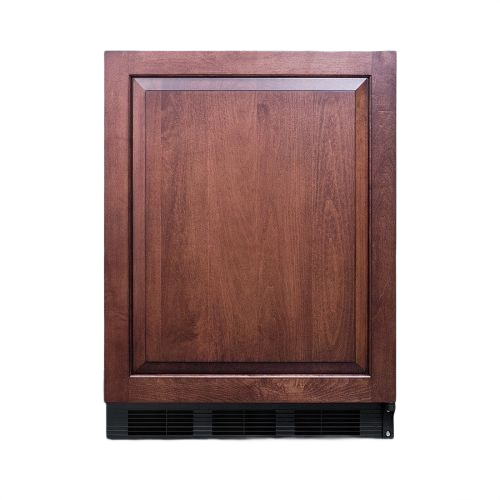 Compact built-in refrigerator with wooden door panel and front ventilation grille in kitchen appliances collection