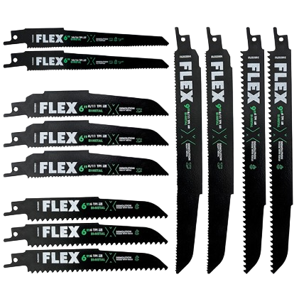 Assorted FLEX reciprocating saw blades in black for demolition and metal cutting in tools and home improvement projects