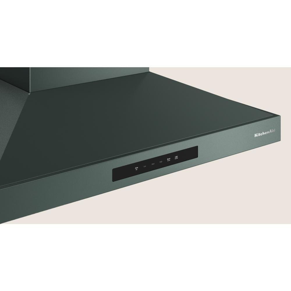 Matte dark green wall-mount canopy hood with digital touch control panel from KitchenAid range hoods collection