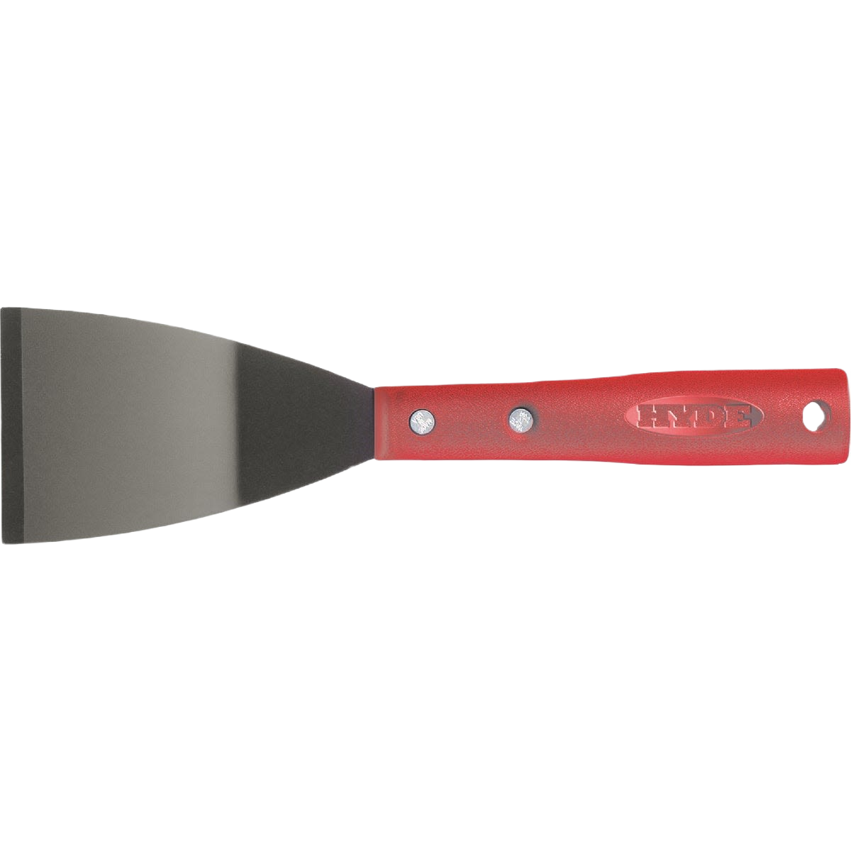 Stiff scraper with bent blade and red ergonomic handle designed for home improvement and paint removal tasks
