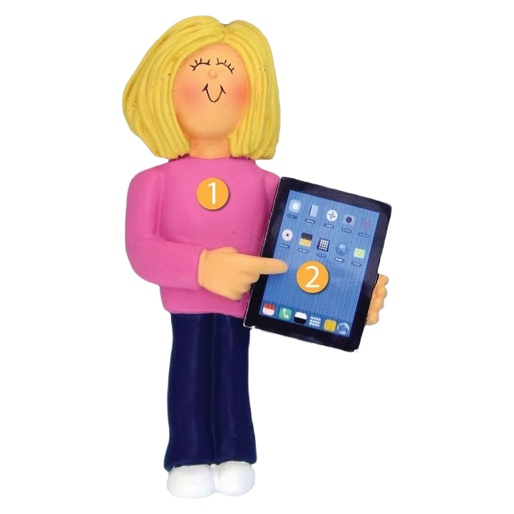 Blonde female ornament holding tablet with app icons, festive Christmas decoration under 50 dollars collection