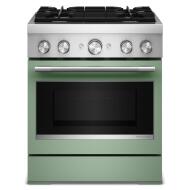 Green 30-inch commercial-style dual fuel range with four burners and stainless steel accents from Ranges collection