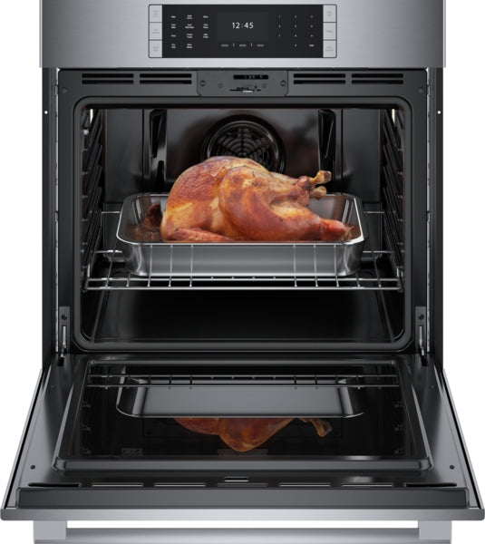 Front view of stainless steel single wall oven with roasted turkey inside from kitchen appliances collection