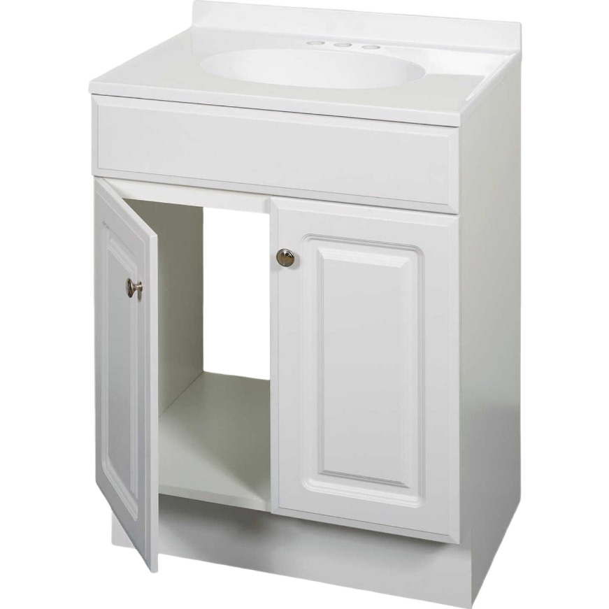 Zenith Zenna Home White Vanity with White Cultured Marble Top, 24 in. with open cabinet door and storage shelf.