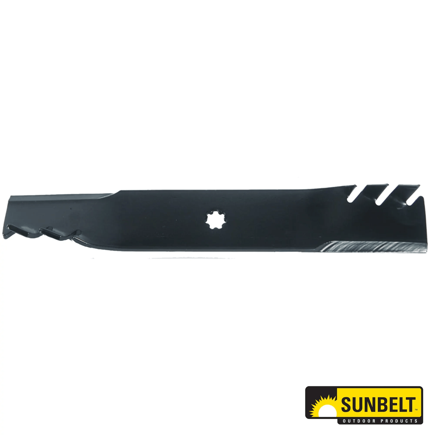 Black lawn mower blade with notched edges for efficient cutting and grass discharge in Parts & Lubricants collection under $50