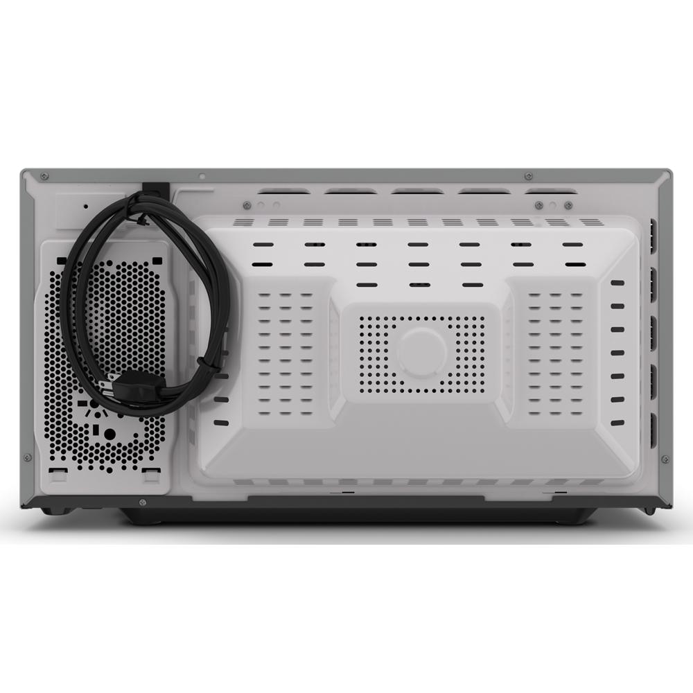 Rear view of stainless steel countertop microwave showing ventilation areas and power cord from microwaves collection