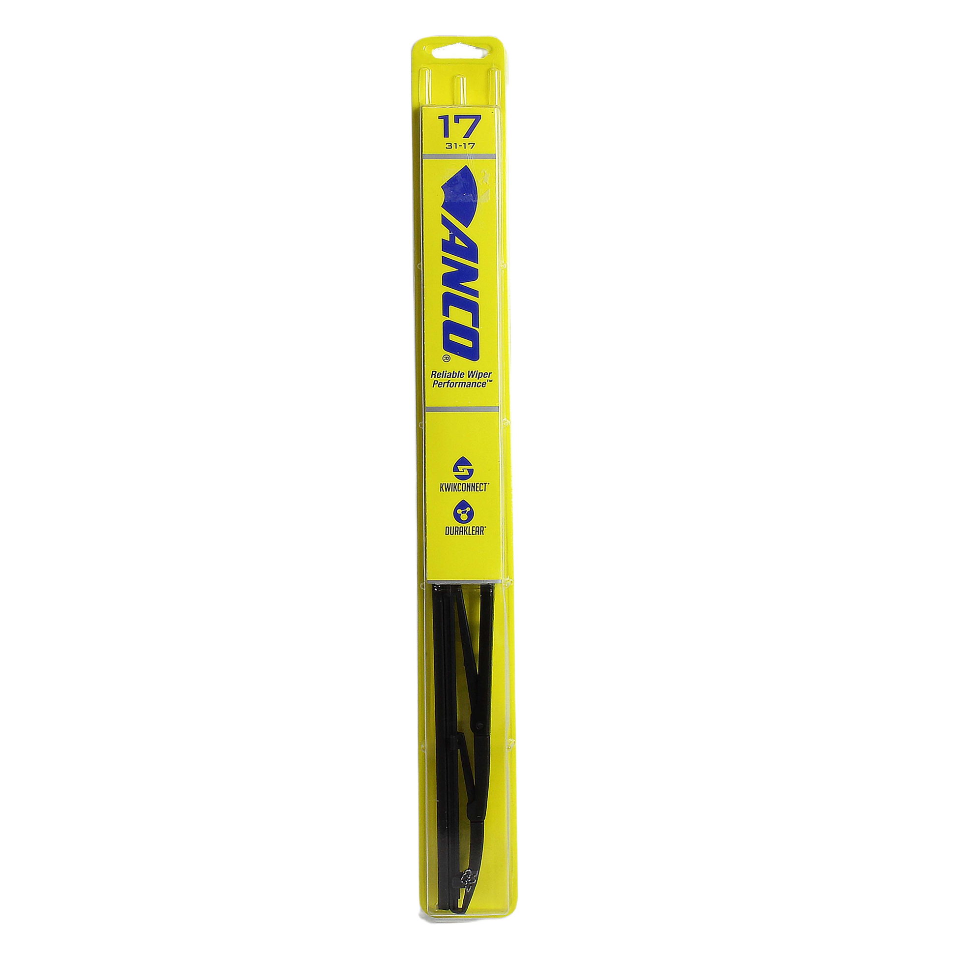Yellow and blue packaging containing a 17-inch Kwik-Connect wiper blade for automotive tools and home improvement use