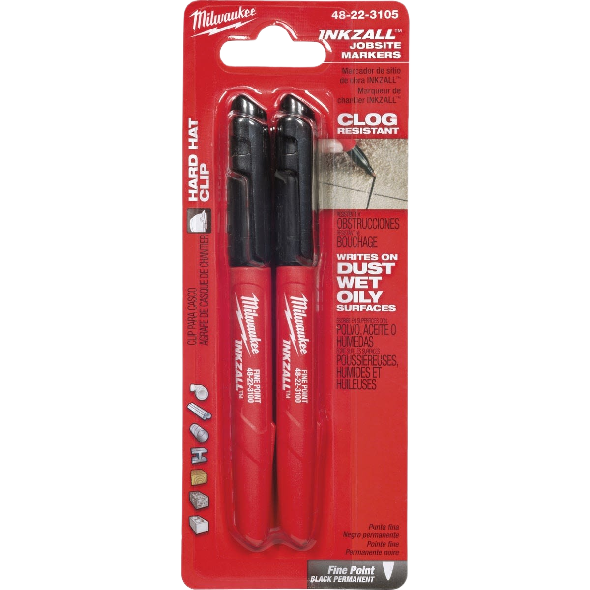 Two red and black fine point job site markers designed for writing on dusty, wet, and oily surfaces in tools and home improvement.