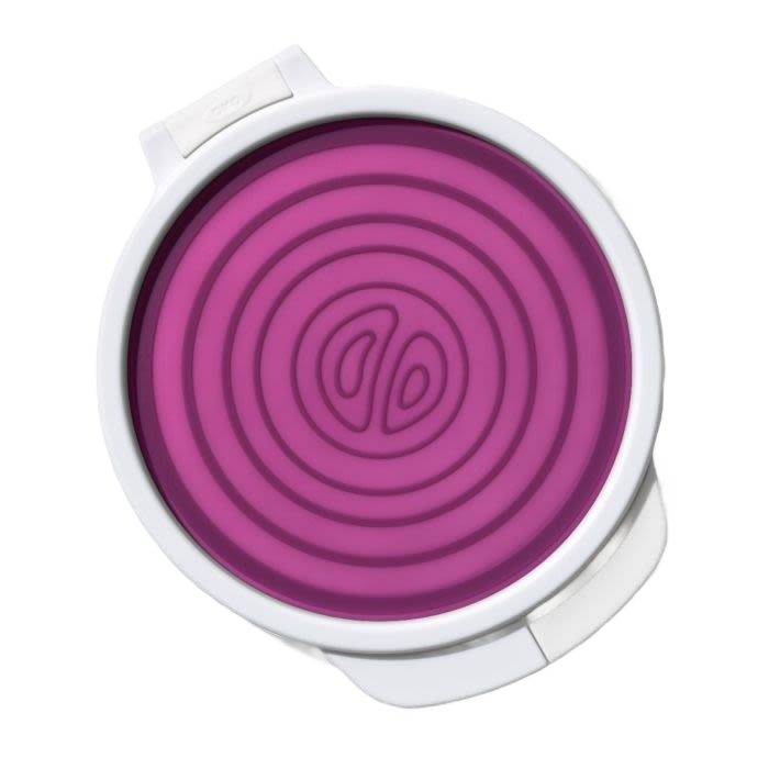 Flexible purple silicone onion saver with white rim for kitchen storage and countertop organization under $50 collection