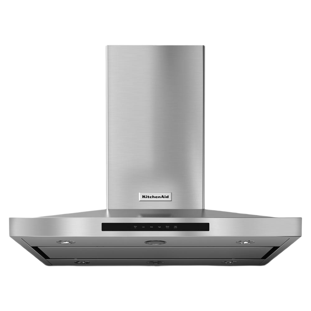 Stainless steel island-mount canopy hood with three-speed ventilation and LED lighting, ideal for modern kitchens in Island Range Hoods and KitchenAid collections.