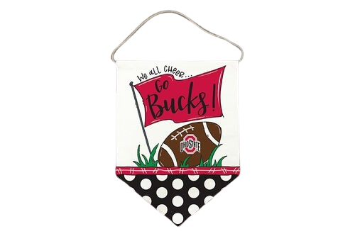 Outdoor decor door hang with Ohio State football and "We all Cheer Go Bucks" flag in lawn and garden collection