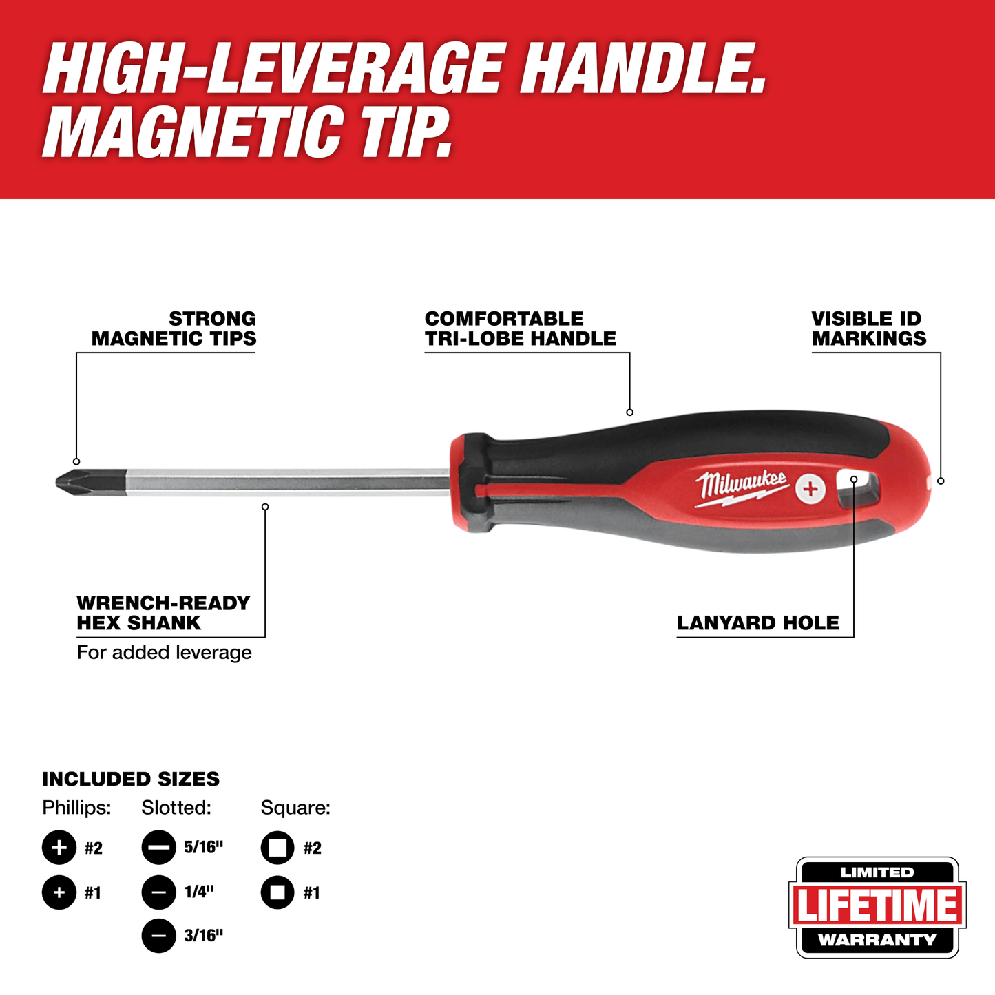 Red and black screwdriver with magnetic tip, tri-lobe handle, wrench-ready hex shank, and visible size markings for home improvement tasks