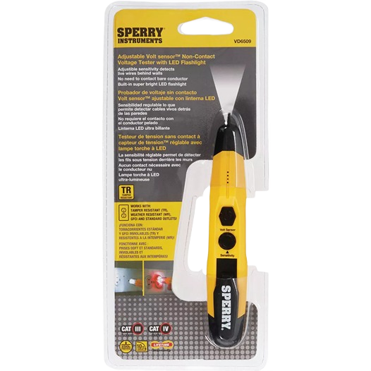 Yellow and black adjustable sensitivity non-contact voltage tester with LED flashlight for tools and home improvement use