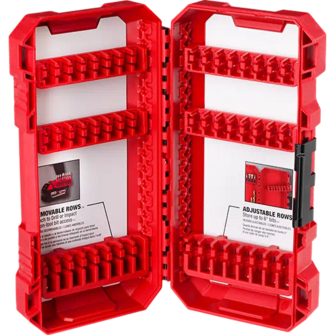 Red customizable impact driver accessory case with adjustable bit storage rows for organized tool storage and home improvement projects