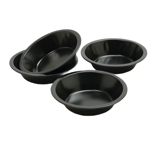 Set of four black nonstick mini pie pans designed for baking individual pies in kitchenware and bakeware collections